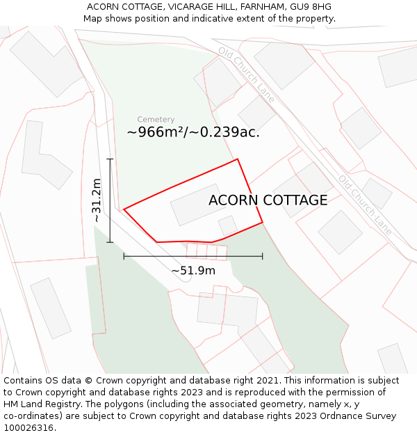 ACORN COTTAGE, VICARAGE HILL, FARNHAM, GU9 8HG: Plot and title map
