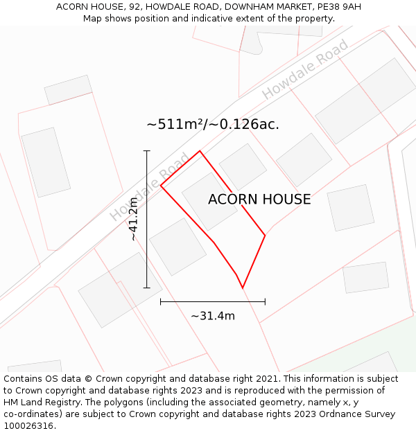 ACORN HOUSE, 92, HOWDALE ROAD, DOWNHAM MARKET, PE38 9AH: Plot and title map