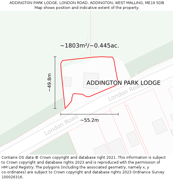 ADDINGTON PARK LODGE, LONDON ROAD, ADDINGTON, WEST MALLING, ME19 5DB: Plot and title map