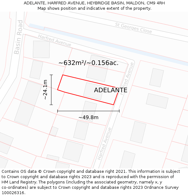 ADELANTE, HARFRED AVENUE, HEYBRIDGE BASIN, MALDON, CM9 4RH: Plot and title map