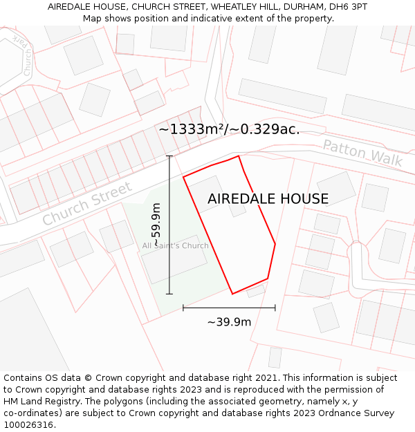 AIREDALE HOUSE, CHURCH STREET, WHEATLEY HILL, DURHAM, DH6 3PT: Plot and title map