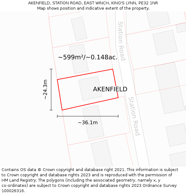 AKENFIELD, STATION ROAD, EAST WINCH, KING'S LYNN, PE32 1NR: Plot and title map