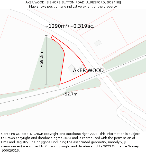 AKER WOOD, BISHOPS SUTTON ROAD, ALRESFORD, SO24 9EJ: Plot and title map