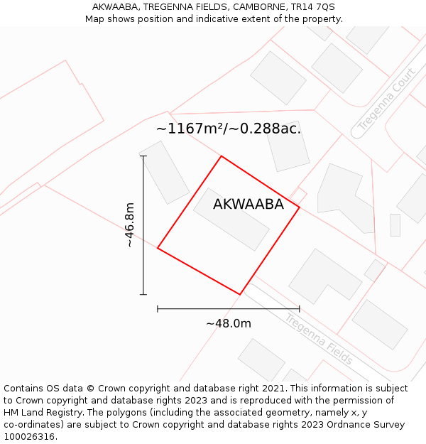 AKWAABA, TREGENNA FIELDS, CAMBORNE, TR14 7QS: Plot and title map