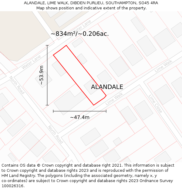 ALANDALE, LIME WALK, DIBDEN PURLIEU, SOUTHAMPTON, SO45 4RA: Plot and title map