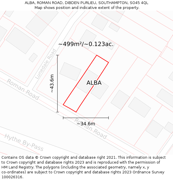 ALBA, ROMAN ROAD, DIBDEN PURLIEU, SOUTHAMPTON, SO45 4QL: Plot and title map