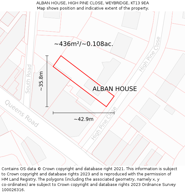 ALBAN HOUSE, HIGH PINE CLOSE, WEYBRIDGE, KT13 9EA: Plot and title map