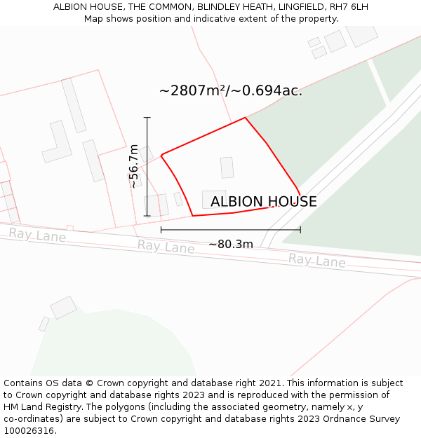 ALBION HOUSE, THE COMMON, BLINDLEY HEATH, LINGFIELD, RH7 6LH: Plot and title map