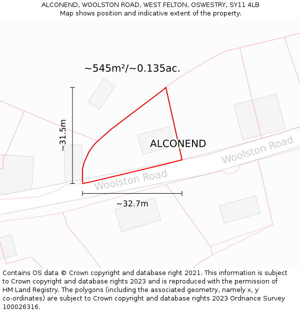 ALCONEND, WOOLSTON ROAD, WEST FELTON, OSWESTRY, SY11 4LB: Plot and title map