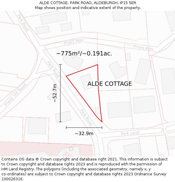 ALDE COTTAGE, PARK ROAD, ALDEBURGH, IP15 5ER: Plot and title map