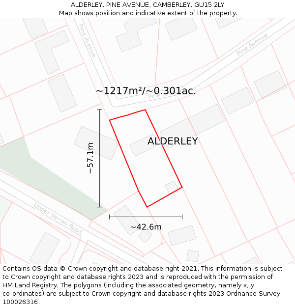 ALDERLEY, PINE AVENUE, CAMBERLEY, GU15 2LY: Plot and title map