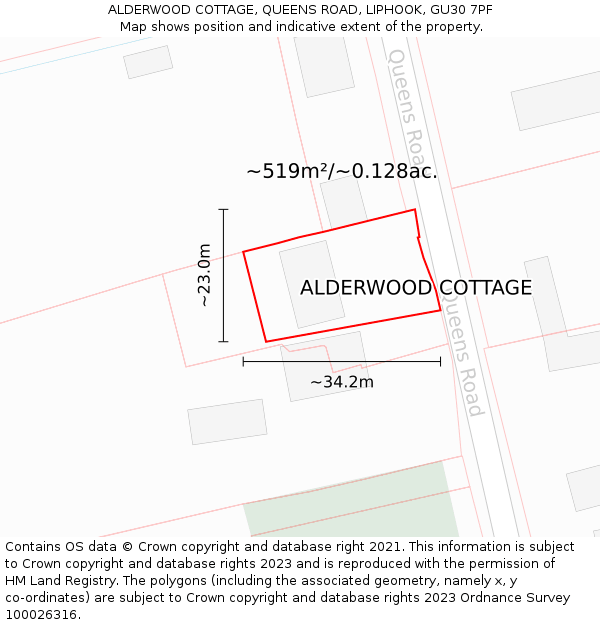 ALDERWOOD COTTAGE, QUEENS ROAD, LIPHOOK, GU30 7PF: Plot and title map