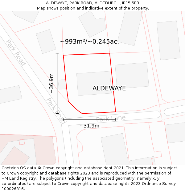 ALDEWAYE, PARK ROAD, ALDEBURGH, IP15 5ER: Plot and title map