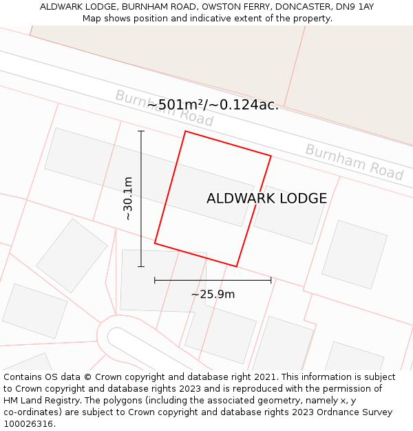 ALDWARK LODGE, BURNHAM ROAD, OWSTON FERRY, DONCASTER, DN9 1AY: Plot and title map