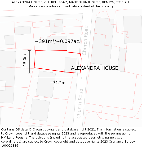 ALEXANDRA HOUSE, CHURCH ROAD, MABE BURNTHOUSE, PENRYN, TR10 9HL: Plot and title map