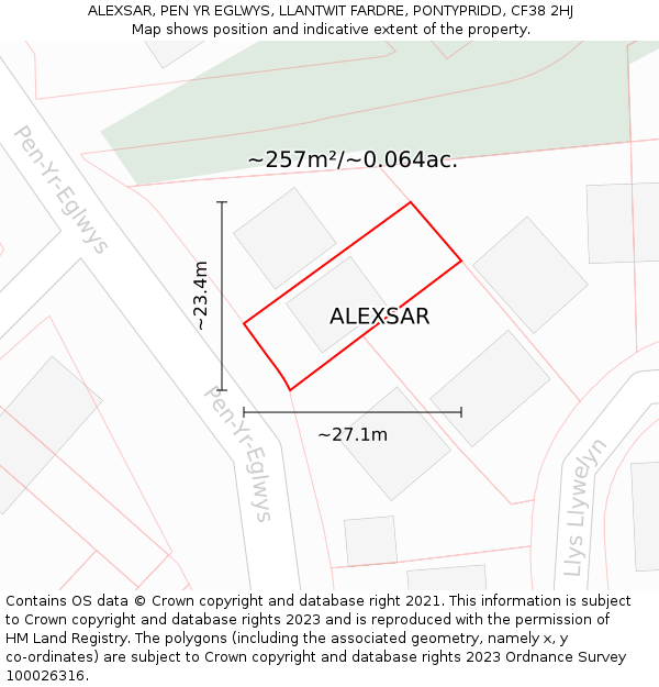 ALEXSAR, PEN YR EGLWYS, LLANTWIT FARDRE, PONTYPRIDD, CF38 2HJ: Plot and title map