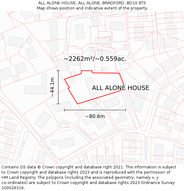 ALL ALONE HOUSE, ALL ALONE, BRADFORD, BD10 8TS: Plot and title map