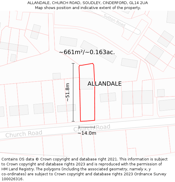 ALLANDALE, CHURCH ROAD, SOUDLEY, CINDERFORD, GL14 2UA: Plot and title map