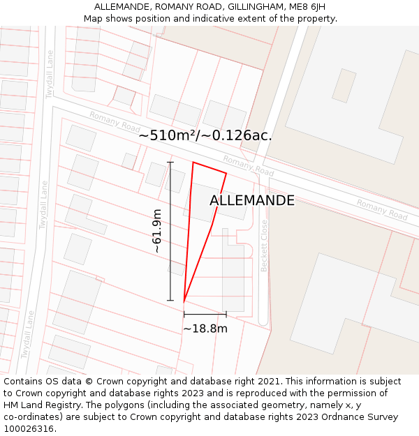 ALLEMANDE, ROMANY ROAD, GILLINGHAM, ME8 6JH: Plot and title map