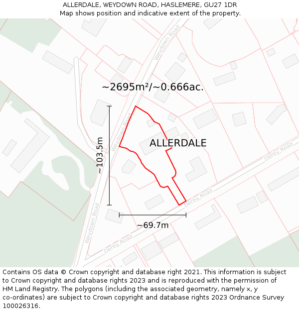 ALLERDALE, WEYDOWN ROAD, HASLEMERE, GU27 1DR: Plot and title map