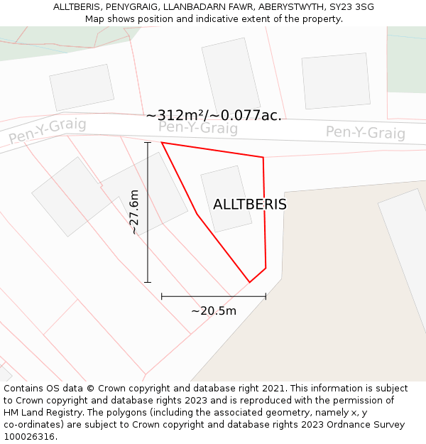 ALLTBERIS, PENYGRAIG, LLANBADARN FAWR, ABERYSTWYTH, SY23 3SG: Plot and title map