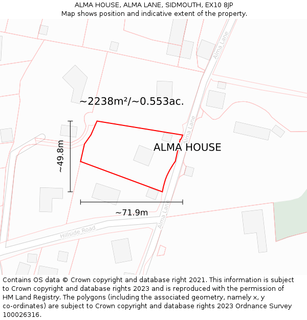 ALMA HOUSE, ALMA LANE, SIDMOUTH, EX10 8JP: Plot and title map