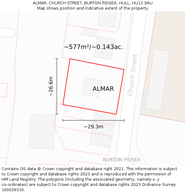 ALMAR, CHURCH STREET, BURTON PIDSEA, HULL, HU12 9AU: Plot and title map
