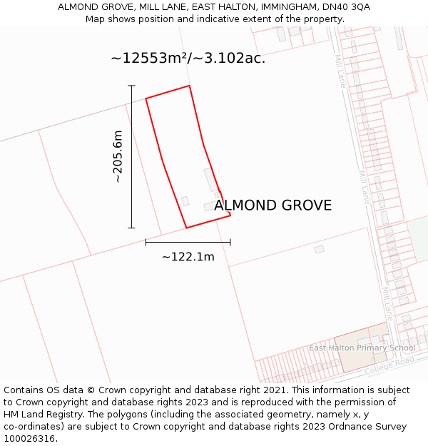 ALMOND GROVE, MILL LANE, EAST HALTON, IMMINGHAM, DN40 3QA: Plot and title map