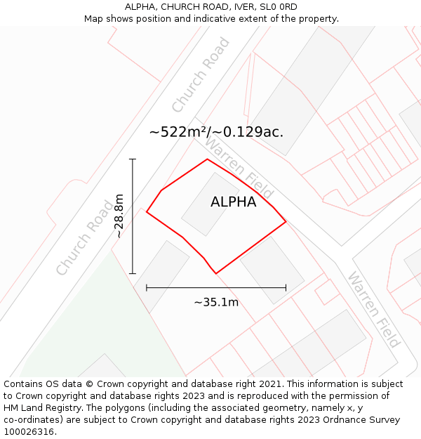 ALPHA, CHURCH ROAD, IVER, SL0 0RD: Plot and title map