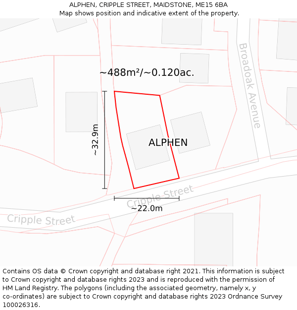 ALPHEN, CRIPPLE STREET, MAIDSTONE, ME15 6BA: Plot and title map