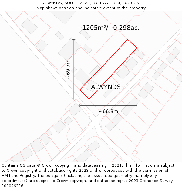 ALWYNDS, SOUTH ZEAL, OKEHAMPTON, EX20 2JN: Plot and title map