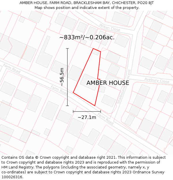 AMBER HOUSE, FARM ROAD, BRACKLESHAM BAY, CHICHESTER, PO20 8JT: Plot and title map