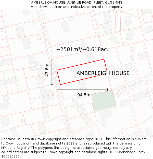 AMBERLEIGH HOUSE, AVENUE ROAD, FLEET, GU51 4NG: Plot and title map