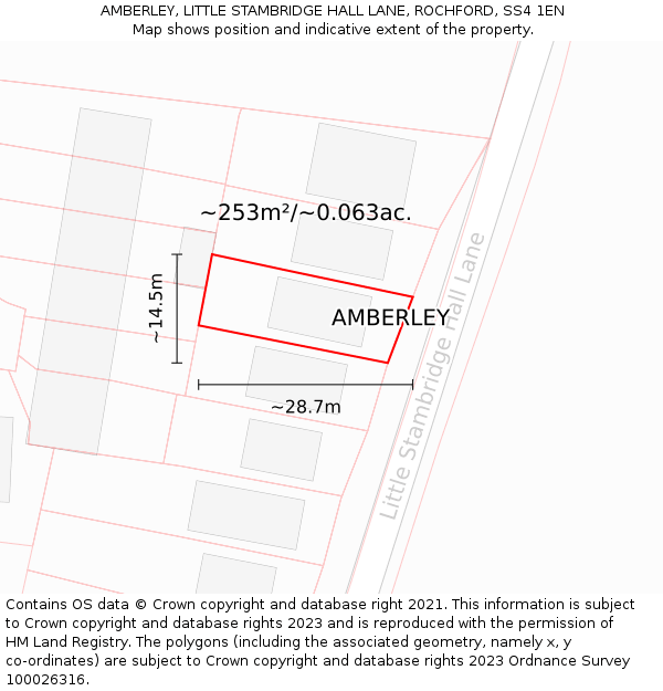 AMBERLEY, LITTLE STAMBRIDGE HALL LANE, ROCHFORD, SS4 1EN: Plot and title map