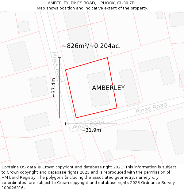 AMBERLEY, PINES ROAD, LIPHOOK, GU30 7PL: Plot and title map