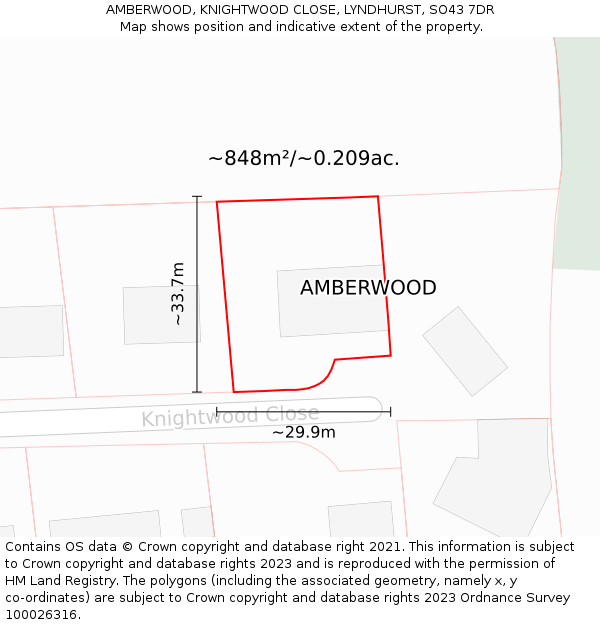 AMBERWOOD, KNIGHTWOOD CLOSE, LYNDHURST, SO43 7DR: Plot and title map