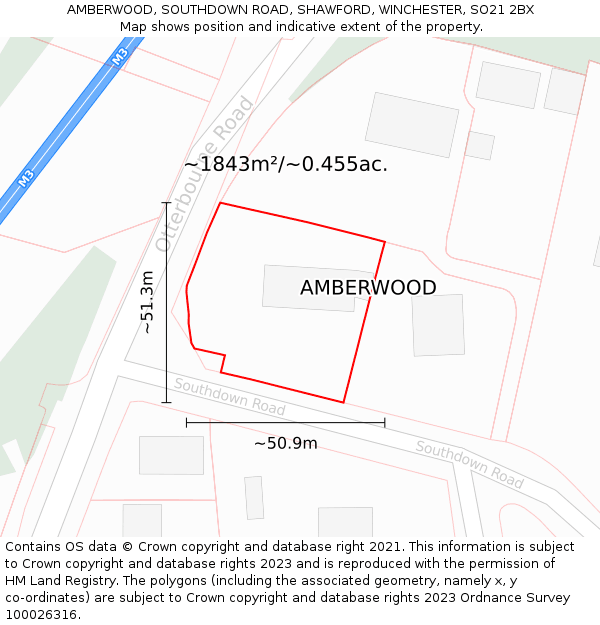AMBERWOOD, SOUTHDOWN ROAD, SHAWFORD, WINCHESTER, SO21 2BX: Plot and title map