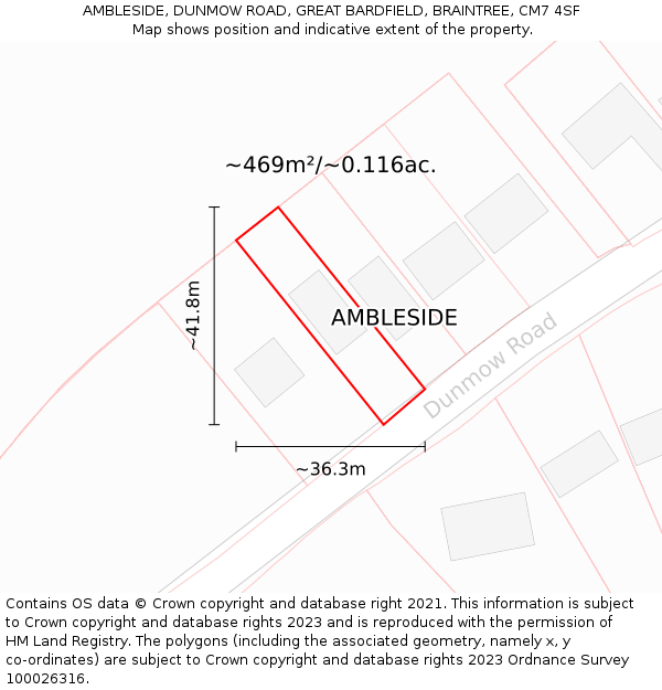 AMBLESIDE, DUNMOW ROAD, GREAT BARDFIELD, BRAINTREE, CM7 4SF: Plot and title map