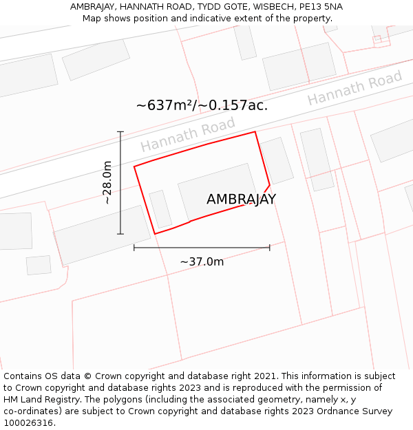 AMBRAJAY, HANNATH ROAD, TYDD GOTE, WISBECH, PE13 5NA: Plot and title map