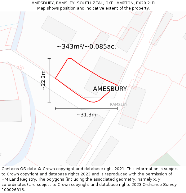 AMESBURY, RAMSLEY, SOUTH ZEAL, OKEHAMPTON, EX20 2LB: Plot and title map