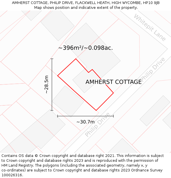 AMHERST COTTAGE, PHILIP DRIVE, FLACKWELL HEATH, HIGH WYCOMBE, HP10 9JB: Plot and title map