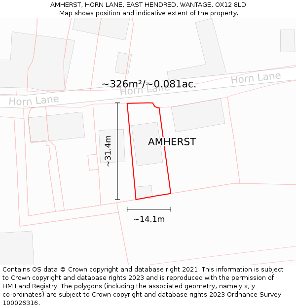 AMHERST, HORN LANE, EAST HENDRED, WANTAGE, OX12 8LD: Plot and title map