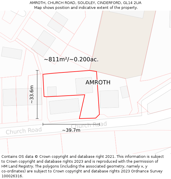 AMROTH, CHURCH ROAD, SOUDLEY, CINDERFORD, GL14 2UA: Plot and title map