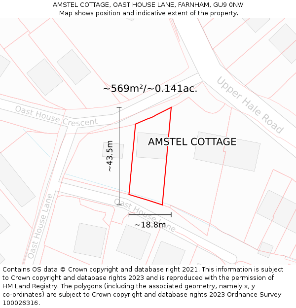 AMSTEL COTTAGE, OAST HOUSE LANE, FARNHAM, GU9 0NW: Plot and title map