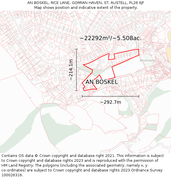 AN BOSKEL, RICE LANE, GORRAN HAVEN, ST. AUSTELL, PL26 6JF: Plot and title map