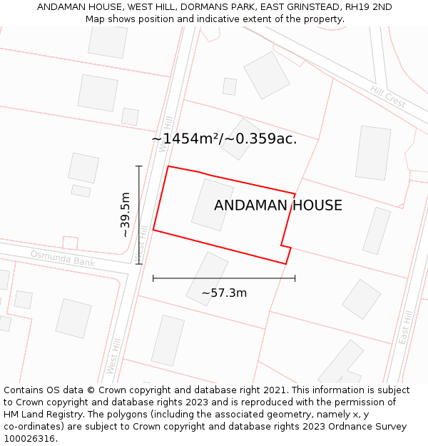 ANDAMAN HOUSE, WEST HILL, DORMANS PARK, EAST GRINSTEAD, RH19 2ND: Plot and title map