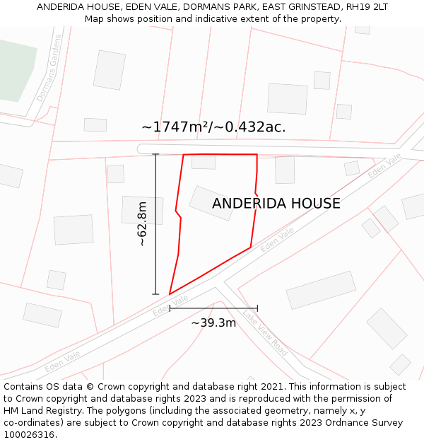 ANDERIDA HOUSE, EDEN VALE, DORMANS PARK, EAST GRINSTEAD, RH19 2LT: Plot and title map