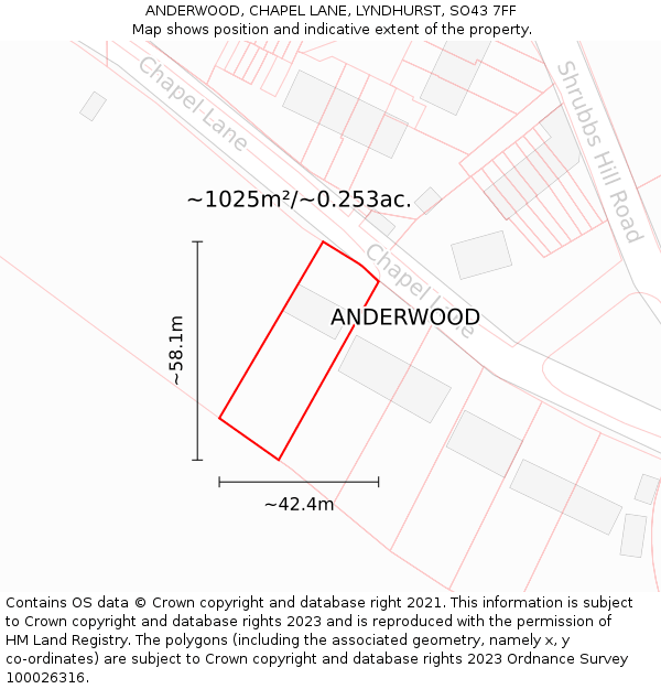 ANDERWOOD, CHAPEL LANE, LYNDHURST, SO43 7FF: Plot and title map