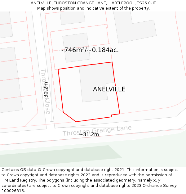 ANELVILLE, THROSTON GRANGE LANE, HARTLEPOOL, TS26 0UF: Plot and title map
