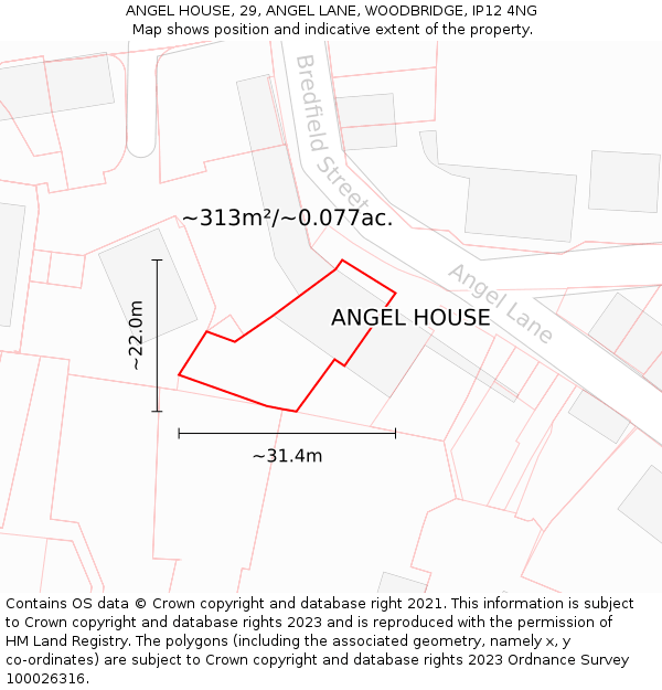 ANGEL HOUSE, 29, ANGEL LANE, WOODBRIDGE, IP12 4NG: Plot and title map